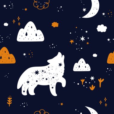 Sevimli kurt hayvan silueti, yıldızlar ve ay olan kusursuz çocuksu desen. Koyu renkli arka plan. Baskı, tekstil, duvar kağıdı, giysi, kumaş, ambalaj kağıdı, giysi için yaratıcı çocuk dokusu