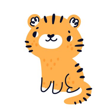 Tatlı bebek kaplan. Karikatür cangılı hayvan karakteri beyaza izole edilmiş. Poster, giysi, kart, baskı, tekstil ve tişörtler için ideal