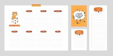 Haftalık planlamacı, istek listesi, çizgi film tarzı, şirin kaplan ve motivasyon cümlesi. Hayallerinin peşinden git. Bir dizi dijital parmak izi. Okula dönelim. Düzleştir, düzenleyici düzenle