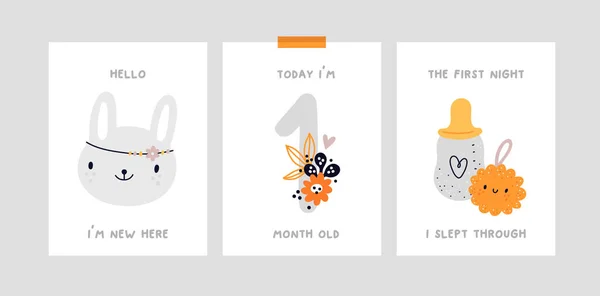 Cartoline Poster Infantili Con Simpatico Personaggio Coniglietto Carte Miliari Stampe — Vettoriale Stock