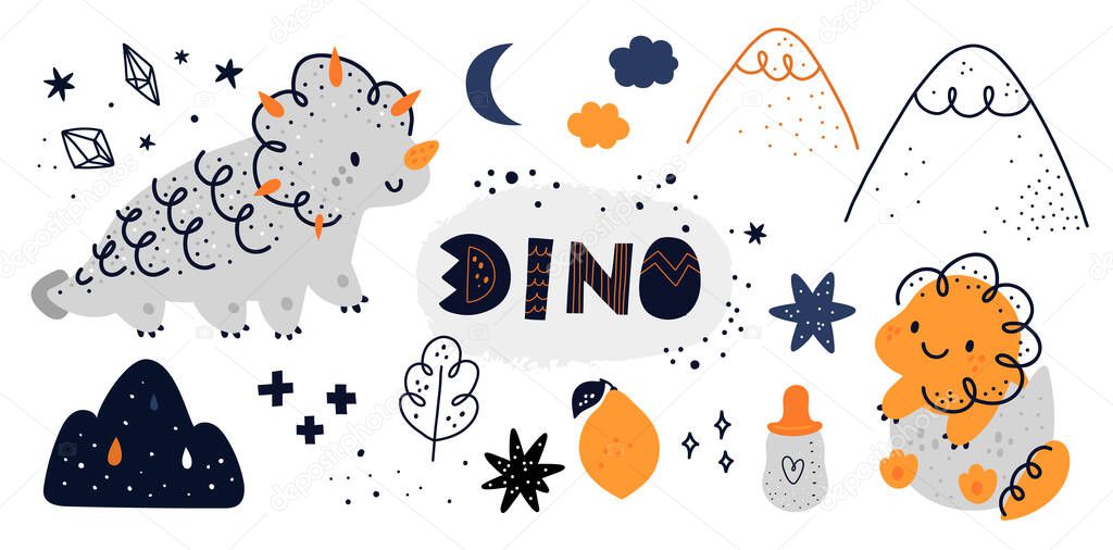 Childish collection with cute dino characters. Dinosaur animals: mom and baby dino in egg. Vector cartoon doodle set of nature elements for design