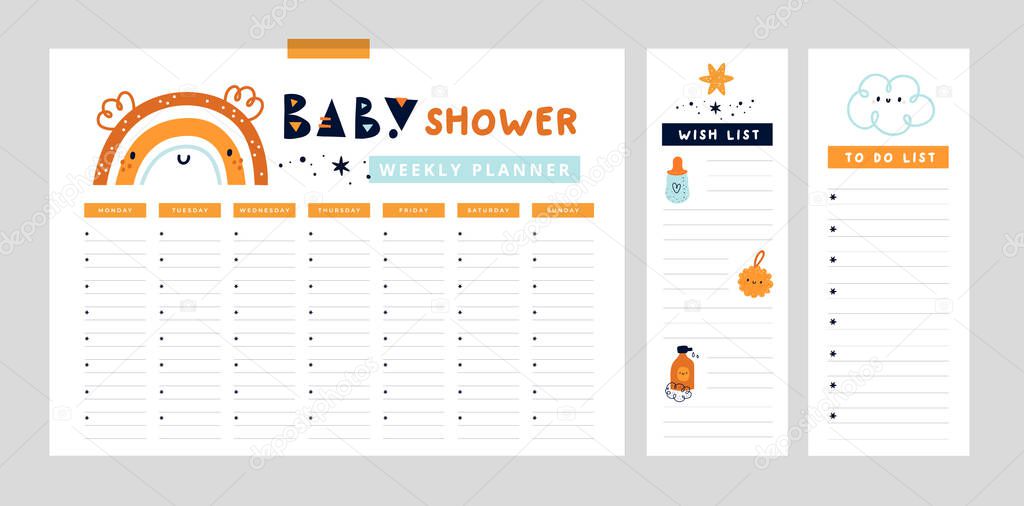 Baby shower. Planner for mom. Weekly planner, wish list, to do list in cartoon flat style with cute rainbow. Set of digital prints.