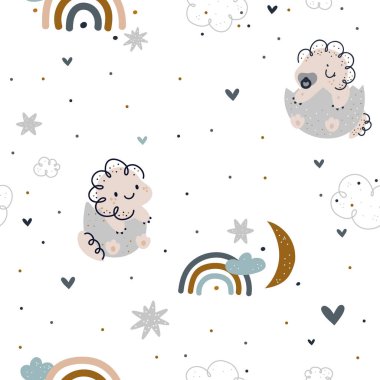 Seamless pattern with cute baby dinosaurs, moon, clouds, stars. Childish print with cartoon animal dino character. Ideal for kids textile, fabric, wallpaper, wrapping paper, decoration clipart