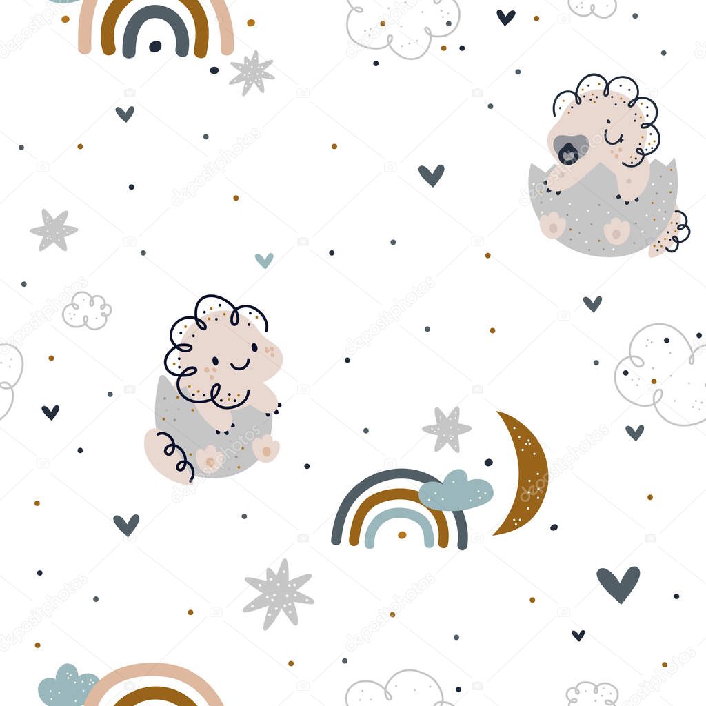 Seamless pattern with cute baby dinosaurs, moon, clouds, stars. Childish print with cartoon animal dino character. Ideal for kids textile, fabric, wallpaper, wrapping paper, decoration