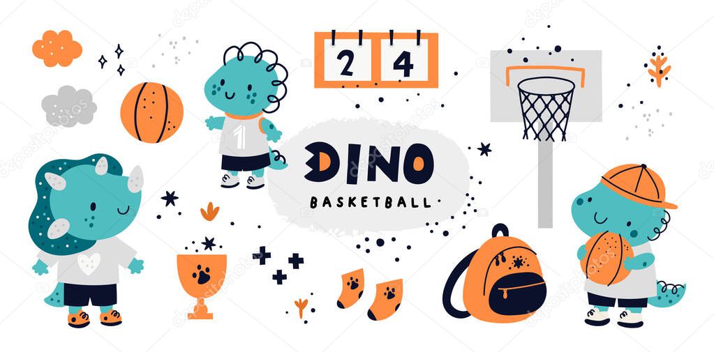 Childish collection with cute dino characters. Dinosaur animals playing in basketball. Sportive kids in school competitions. Vector cartoon doodle set with elements for design