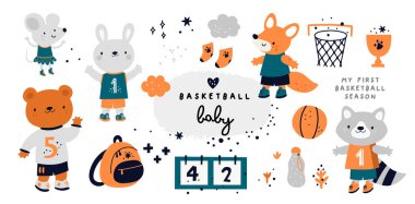 Childish collection with cute sportive animal characters. Animals playing in basketball. Sport in school competitions. Raccoon, fox, bear, bunny, mouse and equipment for basketball game clipart