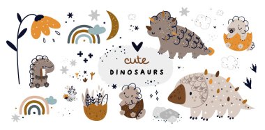 Childish set with cute dino characters. Dinosaur animals collection: mom and baby dino in egg. Vector cartoon doodle set of nature elements for nursery prints or design clipart