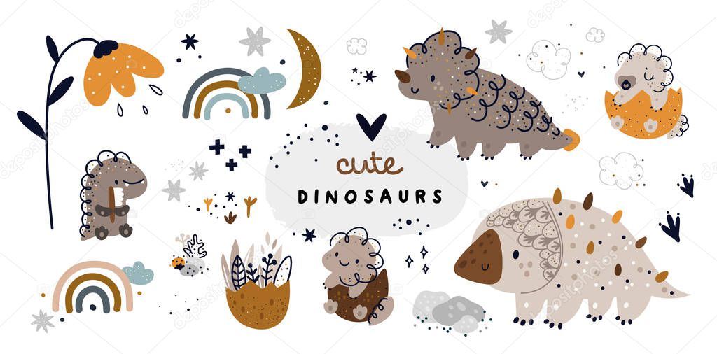 Childish set with cute dino characters. Dinosaur animals collection: mom and baby dino in egg. Vector cartoon doodle set of nature elements for nursery prints or design
