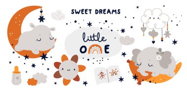Little baby animals sleeps on the moon.  Childish collection with cute baby animals characters: hippo and elephant. Vector cartoon doodle elements for the design of children's things clipart