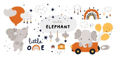 Little elephant is flying with balloon Childish collection with cute baby animals characters. Vector cartoon doodle design elements for kids design: rainbow, houses, clouds clipart