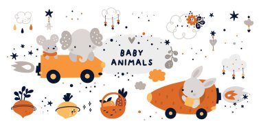 Childish collection with cute baby animals characters. Animals in cars: Bunny, mouse, elephant. Vector cartoon doodle set with hand drawn boho elements for design: clouds, stars, fruits clipart