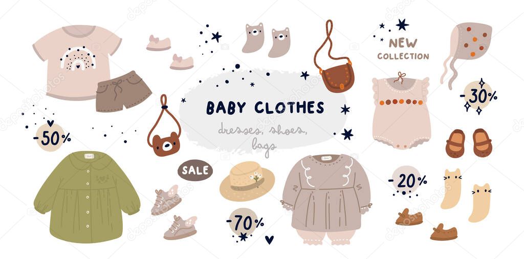 Collection of children's clothing in pastel colors. Set with clothes for girls: dress, sneakers, shoes, ballet flats, straw hat, beanie, jumpsuit, shorts, t-shirt, socks, bags