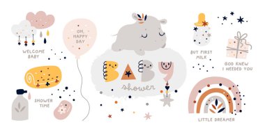Baby shower collection with vector cartoon doodle elements for the design: baby animal, hippopotamus, rainbow, gift, balloon, clouds, baby bottle. Little hippo sleep on the cloud. clipart
