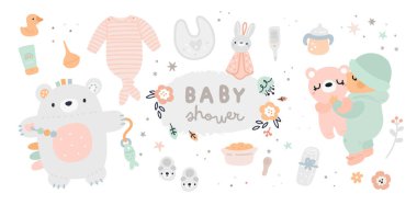 Yeni doğmuş temel eşyalar koleksiyonu. Bebeğin mutlaka vardır. Nihai bebek kaydı. En iyi kreş ürünleri. Bebek partisi hediye fikirleri. Beyaz arkaplanda izole edilmiş çocuksu vektör çizimi