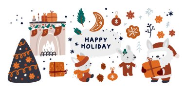 Şirin tavşan, Noel Baba, hediyeler, dekorasyonlar ve hoş kış aksesuarlarıyla bebek Noel tatili koleksiyonu. Mutlu Noeller ve mutlu yıllar! Tatil kartı, poster, parti dekorasyonu için kilometre taşı seti