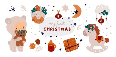 Hediyeler, dekorasyonlar ve sıcacık kış aksesuarlarıyla bebek ilk Noel tatili koleksiyonu. Tatil için kilometre taşı ilk kart, poster, kartpostal ya da geçmiş, çocuk odası dekorasyonu, parti