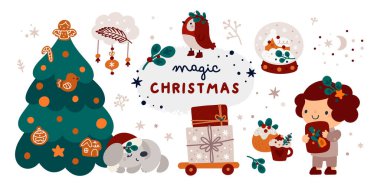 Bir Noel temasında festival tasarım unsurlarıyla ayarlanmış. Bebeğin ilk Noel 'i. Hediye koleksiyonu, dekorasyon ve rahat kış aksesuarları. Tatil kartı, kartpostal, poster, dekorasyon için ideal.
