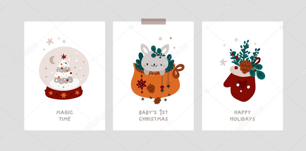 Baby Christmas Holiday milestone cards with bunny, christmas tree, mitten. Festive xmas greeting cards vector template. Happy new year or Merry Christmas postcards, poster, banner, room decoration