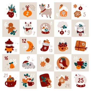 Noel takviminde boğa, ren geyiği, kardan adam, kızıl adam, sevimli bebek hayvanlar ve hediyeler, el yapımı çizgi film tarzı. Şenlik dekorasyonları ve rakamları olan bir illüstrasyon. Noel teması.