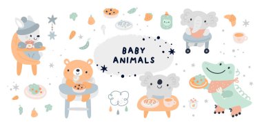 Baby shower collection with vector cartoon doodle elements for the design. Baby animals, bunny, rabbit, bear, koala, crocodile, food, meal. First food for kids. Feeding baby on chair vector Baby shower collection with vector cartoon doodle elements for the design. Baby animals, bunny, rabbit, bear, koala, crocodile, food, meal. First food for kids. Feeding baby on chair vector