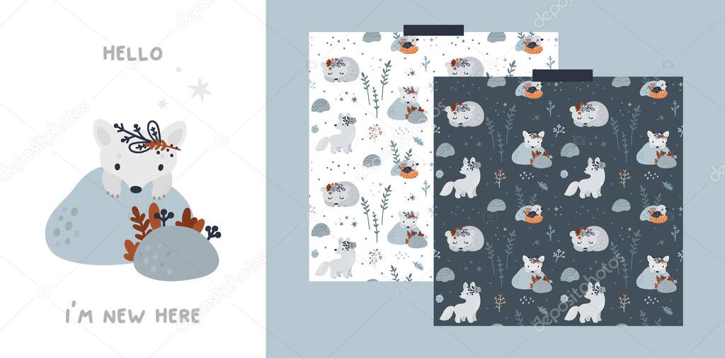Baby milestone card with cute baby animal  and patterns for newborn girl or boy. Set with baby shower print capturing all the special moments. Nursery prints for textile, apparel, wrapping paper