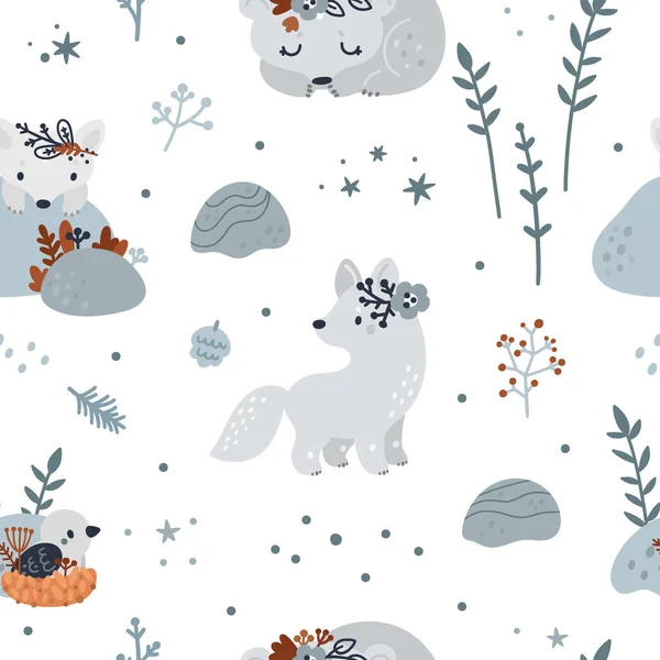 无缝隙图案与可爱的小动物 鸟巢中的鸟 北极狐狸 与森林动物的幼稚模式在丑闻式鸟类风格 适合儿童服装 包装纸 — 图库矢量图片