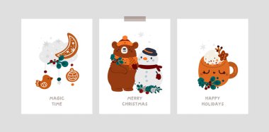 Happy new year or Merry Christmas poster, room decoration. Festive xmas greeting cards with cute cartoon characters. Baby Christmas Holiday milestone cards with cute bear, winter decoration clipart
