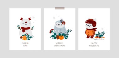 Happy new year or Merry Christmas poster, room decoration with snowman, cartoon owl and bunny. Festive xmas greeting cards. Baby Christmas Holiday milestone cards with cute bear, winter decoration clipart