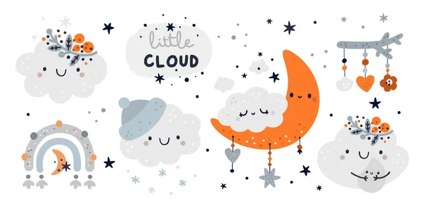 Cute Childish Set Cartoon Little Cloud Kids Decoration Elements Milestone — Stock Vector