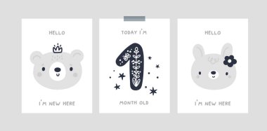 Baby step cards, poetic baby illustration. Milestone card with cute baby animals for newborn girl or boy. Baby shower print capturing all the special moments. Kids month anniversary card vector Baby step cards, poetic baby illustration. Milestone card with cute baby animals for newborn girl or boy. Baby shower print capturing all the special moments. Kids month anniversary card vector