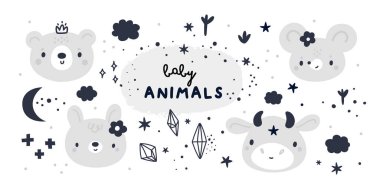 Çizgi filmlerdeki küçük hayvanlar ve çocukların dekorasyon unsurlarıyla çocuksu bir set. Kilometre taşı koleksiyonu, tavşan, ayı, boğa. Bebek partisi ya da küçük bir parti. Tekstil, kartlar, poster, dekor için tasarım ögeleri