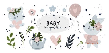 Childish set with cartoon bunny, bear and floral garden elements. Milestone collection with funny baby animals. Baby shower party. Design elements for textile, cards, poster, decor vector Childish set with cartoon bunny, bear and floral garden elements. Milestone collection with funny baby animals. Baby shower party. Design elements for textile, cards, poster, decor vector