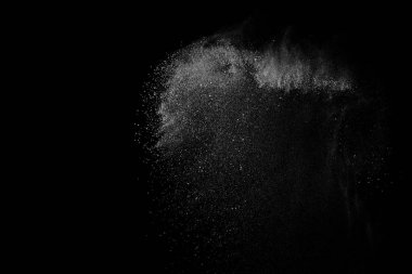Siyah zemin üzerindeki beyaz parçacıkların hareketlerini dondur. Barut patlaması. Soyut toz tabakası dokusu.