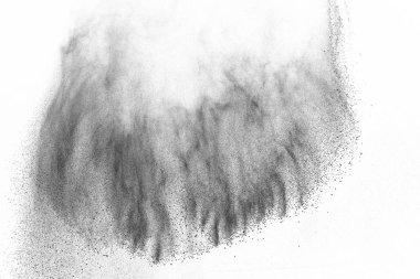 Siyah parçacıklar beyaz zemin üzerinde izole edildi. Soyut toz tabakası dokusu.