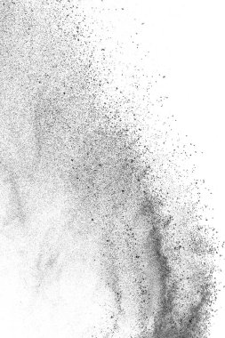 Siyah parçacıklar beyaz zemin üzerinde izole edildi. Soyut toz tabakası dokusu.