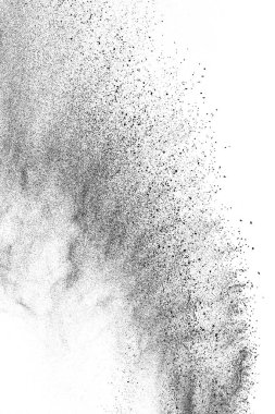 Siyah parçacıklar beyaz zemin üzerinde izole edildi. Soyut toz tabakası dokusu.
