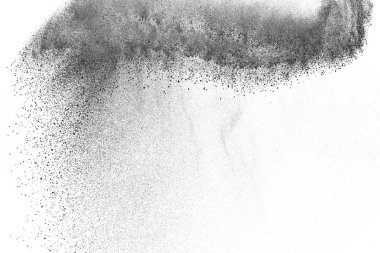 Siyah parçacıklar beyaz zemin üzerinde izole edildi. Soyut toz tabakası dokusu.