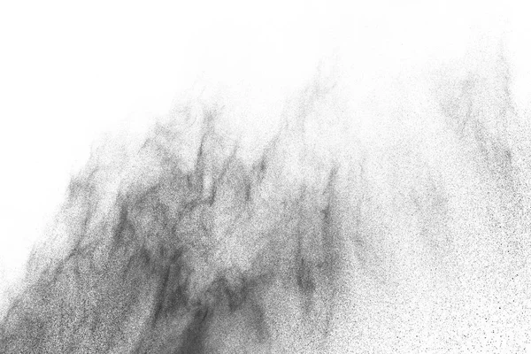 Έκρηξη Μαύρων Σωματιδίων Απομονώθηκε Λευκό Φόντο Αφηρημένη Υφή Επικάλυψης Σκόνης — Φωτογραφία Αρχείου