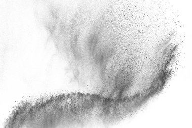 Siyah parçacıklar beyaz zemin üzerinde izole edildi. Soyut toz tabakası dokusu.