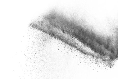Siyah parçacıklar beyaz zemin üzerinde izole edildi. Soyut toz tabakası dokusu.