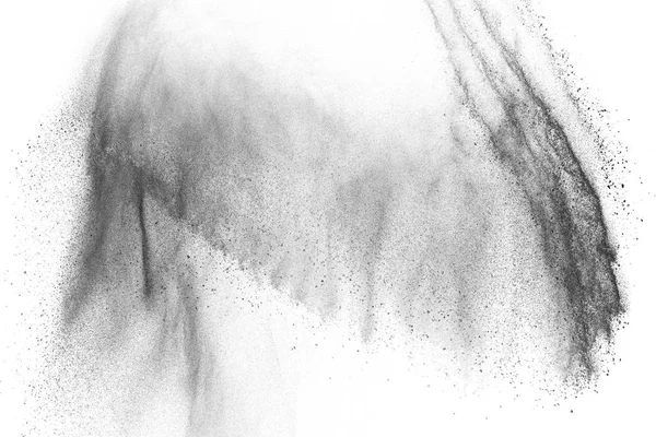 Siyah parçacıklar beyaz zemin üzerinde izole edildi. Soyut toz tabakası dokusu.