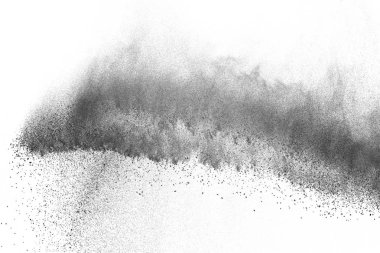 Siyah parçacıklar beyaz zemin üzerinde izole edildi. Soyut toz tabakası dokusu.