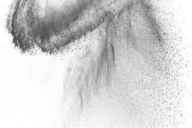 Siyah parçacıklar beyaz zemin üzerinde izole edildi. Soyut toz tabakası dokusu.