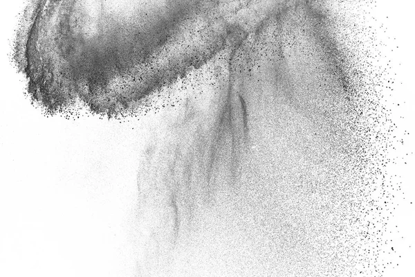 Siyah parçacıklar beyaz zemin üzerinde izole edildi. Soyut toz tabakası dokusu.