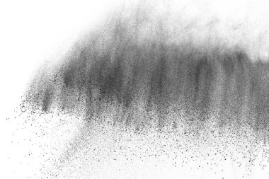 Siyah parçacıklar beyaz zemin üzerinde izole edildi. Soyut toz tabakası dokusu.