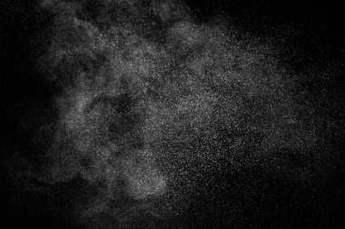 Siyah zemin üzerindeki beyaz parçacıkların hareketlerini dondur. Barut patlaması. Soyut toz tabakası dokusu.