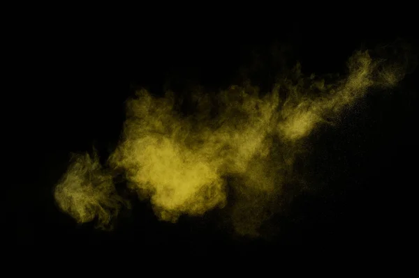 Gelbes Pulver Explodiert Auf Schwarzem Hintergrund Farbige Puderwolke Bunter Staub — Stockfoto