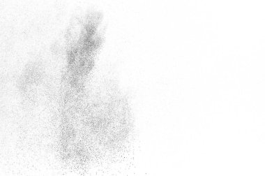 Siyah parçacıklar beyaz zemin üzerinde izole edildi. Soyut toz tabakası dokusu.