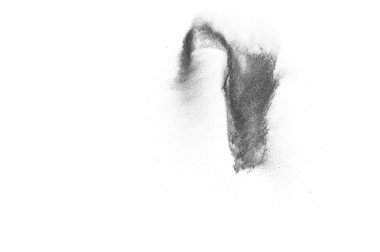 Siyah parçacıklar beyaz zemin üzerinde izole edildi. Soyut toz tabakası dokusu.