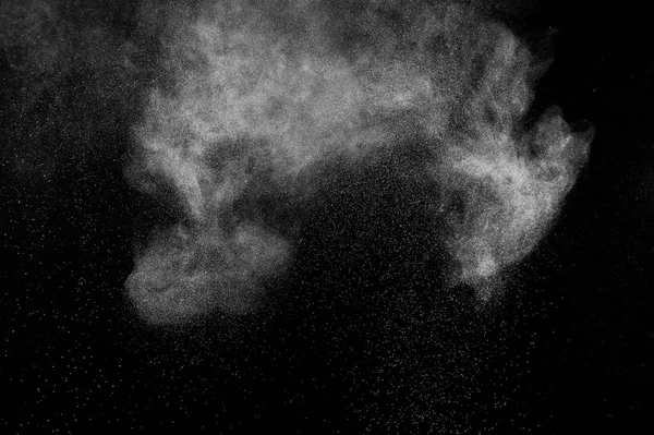Siyah zemin üzerindeki beyaz parçacıkların hareketlerini dondur. Barut patlaması. Soyut toz tabakası dokusu.